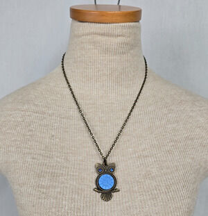 Czech Glass Pendant Necklace 20" Owl Blue & Bronze